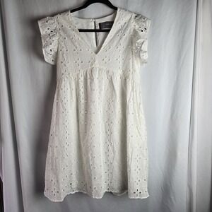 Code X Mode White Eyelet Dress Medium Pockets Knee Length Coastal Femme Preppy
